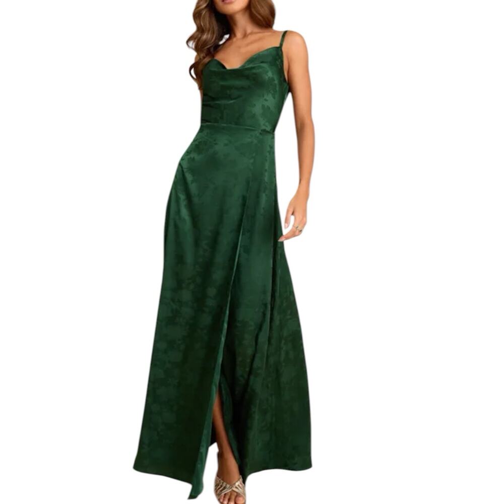 NWT Lulus Simply Dreamy Emerald Green Satin Floral Jacquard Maxi Dress Size XL